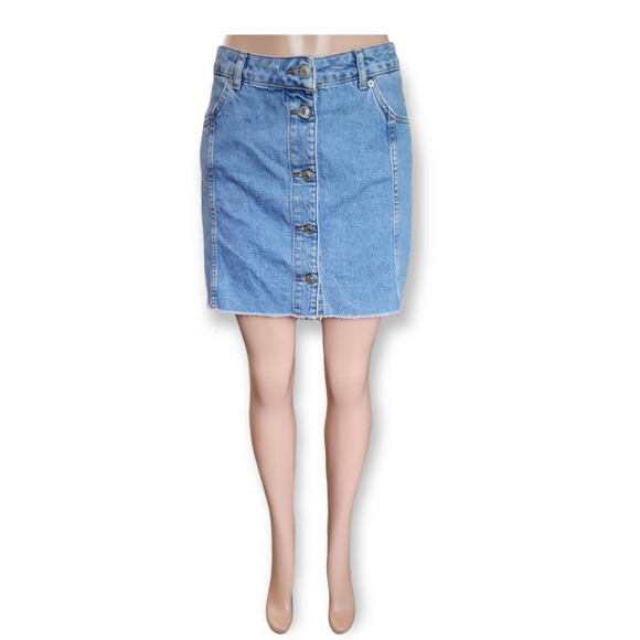TOPSHOP Denim Button Down Raw Hem Mini Skirt Size 8 Blue‎ - Picture 1 of 7